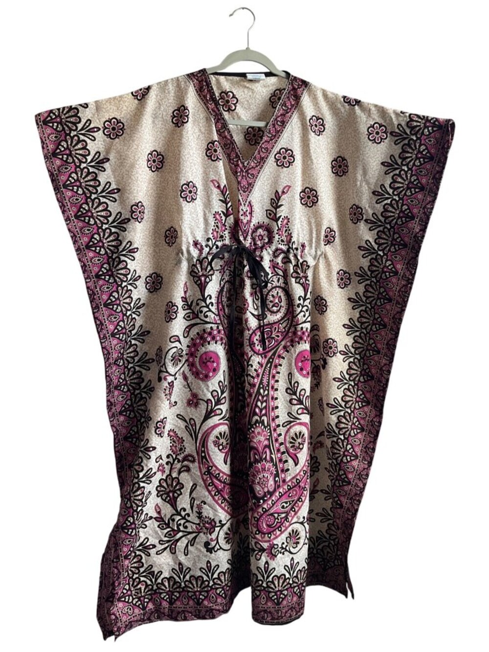 New noTags VTG Paisley Floral Print Pink Kaftan Maxi Dress Adjustable Made India
